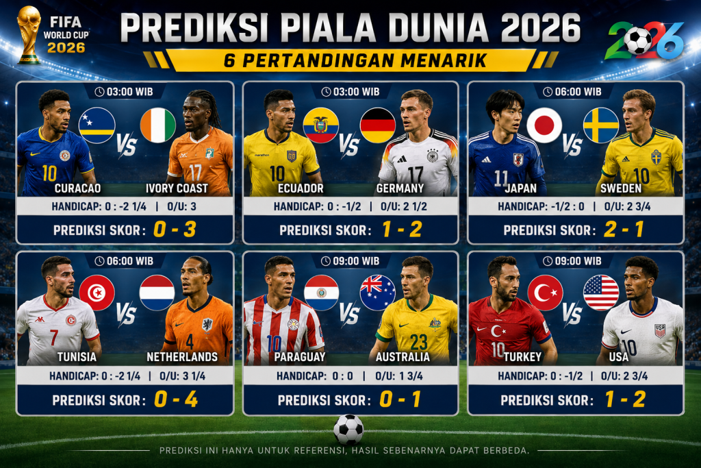 Prediksi Piala Dunia 26 Juni 2026 Jerman, Belanda, dan Pantai Gading Berpeluang Raih Kemenangan Penting
