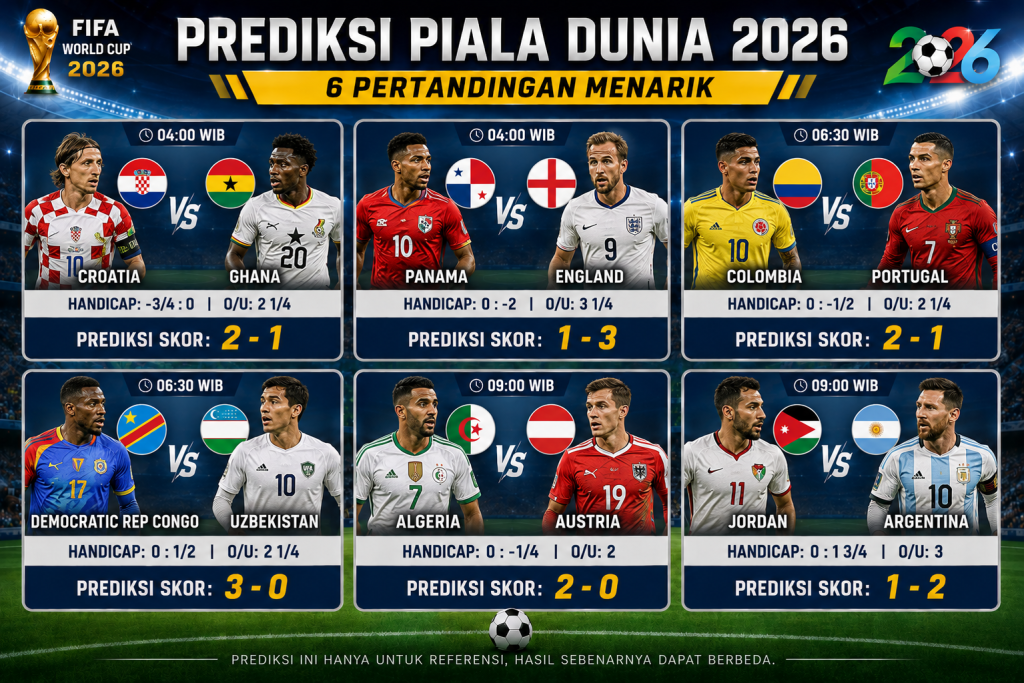 Prediksi Piala Dunia 28 Juni 2026: Inggris, Argentina, dan Kroasia Bidik Kemenangan Penting di Fase Grup